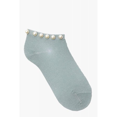 Pastel Blue Lurex Trainer Socks With Pearl Trim