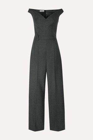 Off-the-shoulder Checked Wool-blend Jumpsuit - Dark gray