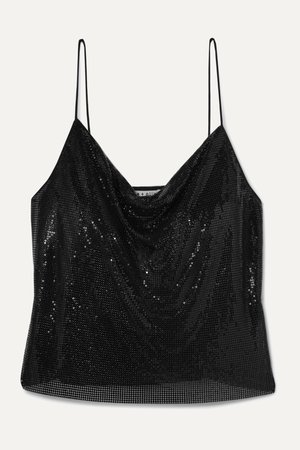 Black Harmon silk-satin trimmed draped chainmail camisole | Alice + Olivia | NET-A-PORTER