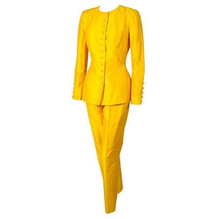 Pierre Balmain 1970's Numbered Haute Couture Yellow Silk Tunic and Pants For Sale at 1stdibs