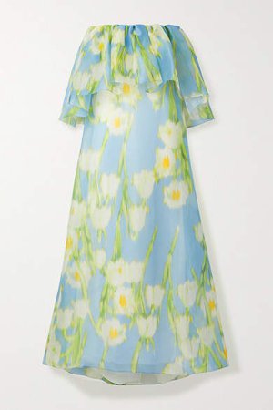 Off-the-shoulder Floral-print Silk-organza Maxi Dress - Light blue