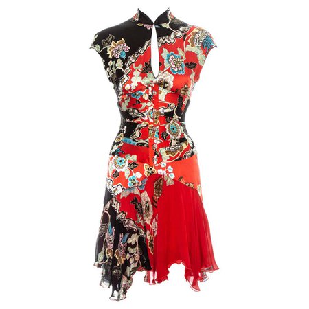 Roberto Cavalli red silk Cheongsam style mini dress and corset, ss 2003 For Sale at 1stdibs