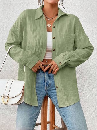 SHEIN Essnce Drop Shoulder Pocket Patched Button Front Shirt | SHEIN USA