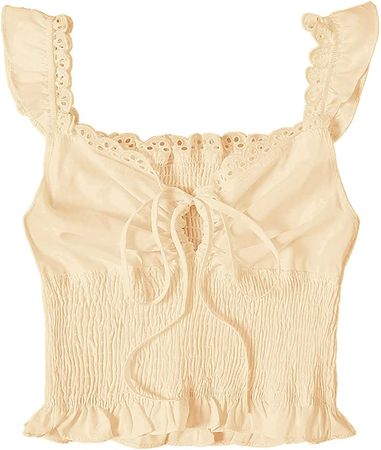 SheIn Women's Summer Sleeveless Ruffle Strap Tie Neck Cute Cami Tank Top Small White Blouse at Amazon Women’s Clothing store
