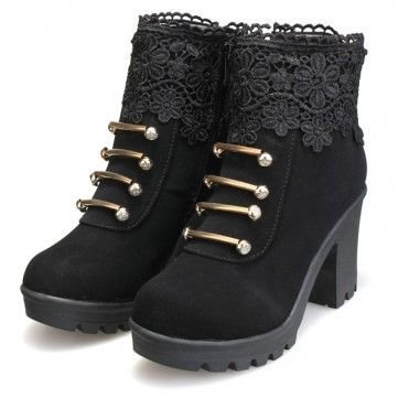 Designer Artificial Leather Lace Bead Metal Ankle Zipper Platform Chunky Heel Boots