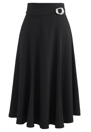 Marble Buckle Belted Flare Midi Skirt in Black - Retro, Indie and Unique Fashion