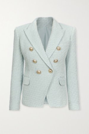 Double-breasted Button-embellished Tweed Blazer - Sky blue