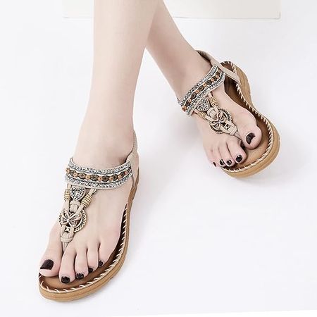 Amazon.com | Aomigoct Sandals Women Flat Shoes: Dressy Summer Bohemian Flats Shoes for Women Sandals Comfortable Ankle Strap Outdoor Walking | Flats
