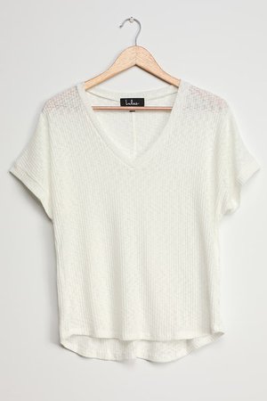 Cute Ribbed Knit Tee - V-Neck T-Shirt - Semi-Sheer Knit Top
