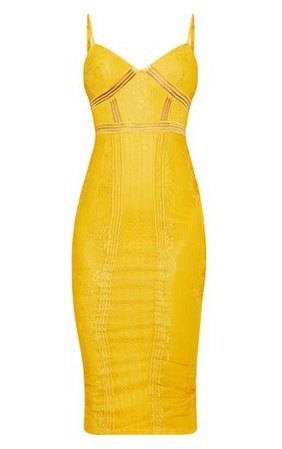 Mustard Lace Mesh Stripe Midi Dress | Dresses | PrettyLittleThing