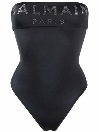 Balmain Strapless rhinestone-logo Swimsuit - Farfetch