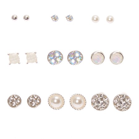 Iridescent Crystal & Pearl Stud Earrings - 9 Pack | Claire's US