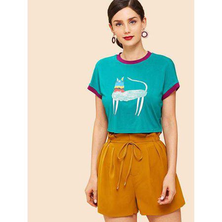 Shirts & Jersey Shirts | Shop Women's Turquoise Cartoon Print Ringer Tee at Fashiontage | e439896a-0-size-xs-color-turquoise