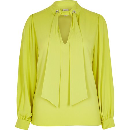 Lime long sleeve tie front eyelet blouse | River Island