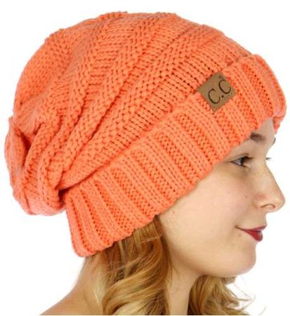 Coral Slouchy Knit CC Beanie Hat