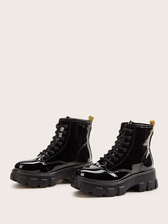 Lace-up Front Patent Combat Boots | SHEIN USA