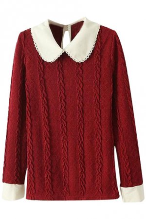 Burgundy Twist Cable Knit Long Sleeve Sweater with White Peter Pan Collar - Beautifulhalo.com