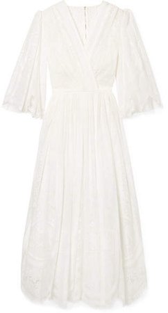 Wrap-effect Cotton-blend Lace Midi Dress - White