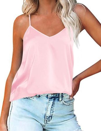 Ekouaer Women's Spaghetti Straps Tank Tops V Neck Satin Camisole Sleeveless Cami Soft Shirt Tops Blouse Light Pink at Amazon Women’s Clothing store