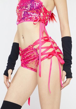 Club Exx Flip Sequin Lace Up Booty Shorts - Hot Pink | Dolls Kill