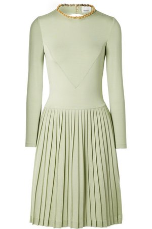 Burberry Chain-embellished open-back pleated silk-blend and jersey dress