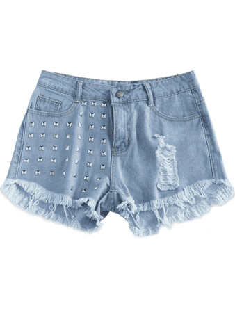 Rivet Embellished Ripped Denim Shorts LIGHT BLUE: Shorts L | ZAFUL