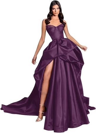 Sweetheart Prom Dresses Long Women's Satin Ball Gown Strapless Formal Evening Dress with Slit at Amazon Women’s Clothing store