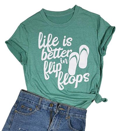 Life is Better in Flip Flops Shirt Letter Print O-Neck Casual T-Shirt Tee Tops Green(Large) at Amazon Women’s Clothing store