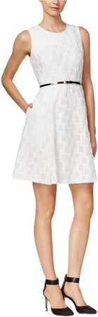 Amazon.com: Calvin Klein Women's Sleeveless Textured Fabric Fit & Flare Dress with Belt at Waist, White, 14 : Clothing, Shoes & Jewelry