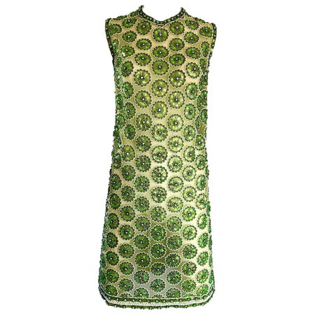 1960s Lime Green Heavily Sequin Beaded Demi Couture Mesh 60s Vintage Tunic Dress For Sale at 1stDibs | lime green sequin dress, lime green tunics, 60s tunic