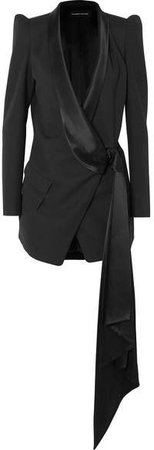 Draped Satin-trimmed Wool Mini Dress - Black