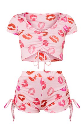 Pink Kiss Print Ruched Shorts PJ Set | PrettyLittleThing USA