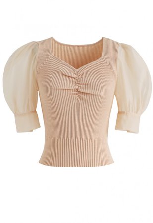 Ruched Bubble Sleeves Cropped Knit Top in Peach - NEW ARRIVALS - Retro, Indie and Unique Fashion