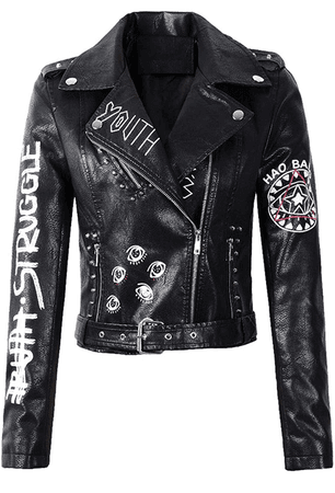 Women's Print Faux Leather Punk Jacket Biker Motorcycle Jacket with Belt