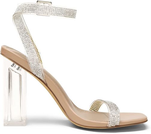 Amazon.com | DREAM PAIRS Women's Clear Chunky High Heels Transparent Ankle Strap Block Heels Open Square Toe Cute Sparkly Heels Wedding Party Sandals Gold Rhinestone Size 9 SDHS2204W | Heeled Sandals