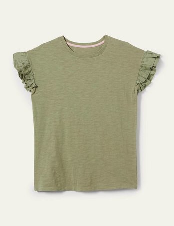 Woven Frill Sleeve T-shirt - Rainforest Floor | Boden US