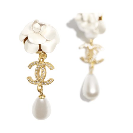 Metal, Glass Pearls & Strass Gold, Pearly White & Crystal Earrings | CHANEL