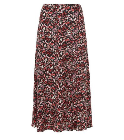 Black Floral Side Split Midi Skirt | New Look