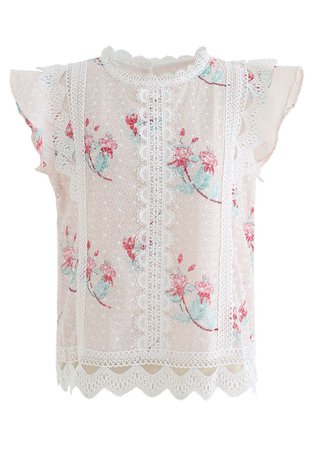 Floral Print Wavy Crochet Embroidered Sleeveless Top in Light Pink - Retro, Indie and Unique Fashion