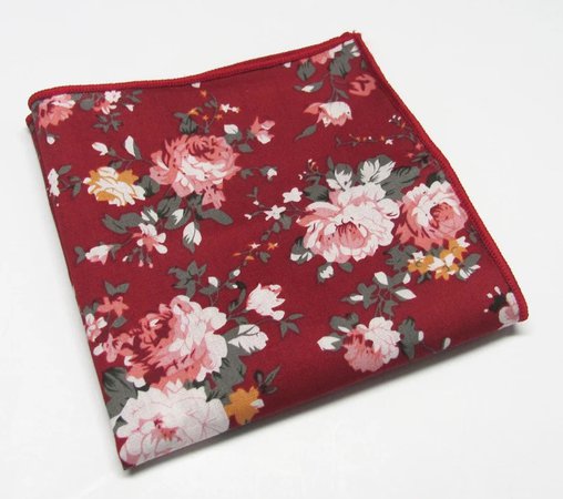 Cotton Pocket Square Burgundy Red White Green Floral Hanky Handkerchief