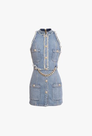 Blue Denim Dress With Frayed Open Back And Gold Tone Buttons for Women - Balmain.com