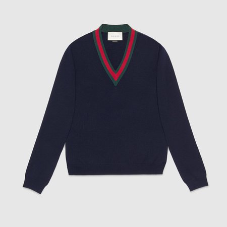 Ink Blue Wool V-Neck Sweater With Web | GUCCI® International