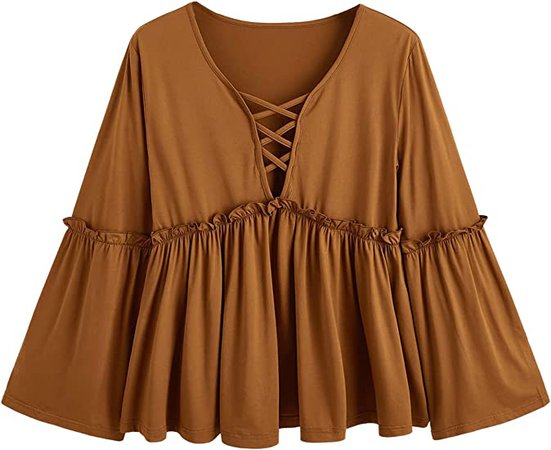 Romwe Women's Plus Criss Cross Front V Neck Frill Trim Ruffle Hem Long Sleeve Peplum Blouse Top Shirts Brown 1XL at Amazon Women’s Clothing store