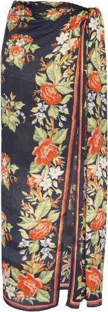Floral-Print Satin Sarong Skirt