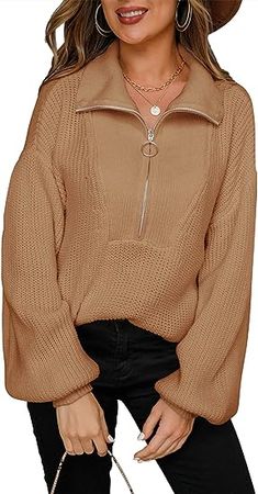 Falvurt Women Half Zipper Sweater Long Sleeve Drop Shoulder Oversized Knit Pullover Top at Amazon Women’s Clothing store