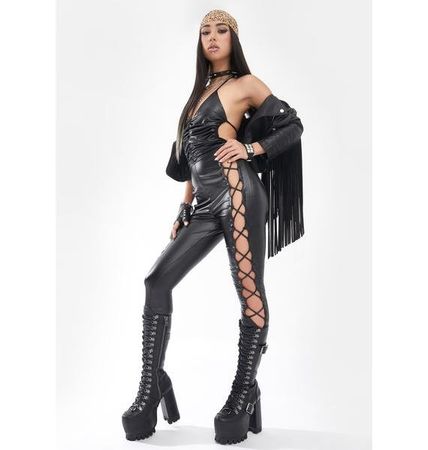 Vegan Leather Lace Up Ruched Halter Catsuit - Black | Dolls Kill