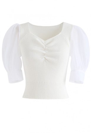 Ruched Bubble Sleeves Cropped Knit Top in White - NEW ARRIVALS - Retro, Indie and Unique Fashion