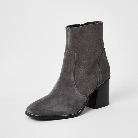 Grey faux suede block heel boot | River Island