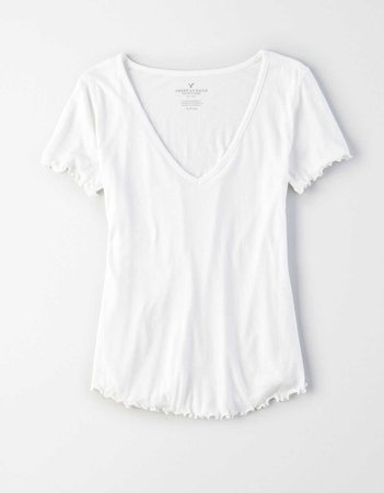 AE V-Neck Lettuce Hem T-Shirt, Natural White | American Eagle Outfitters
