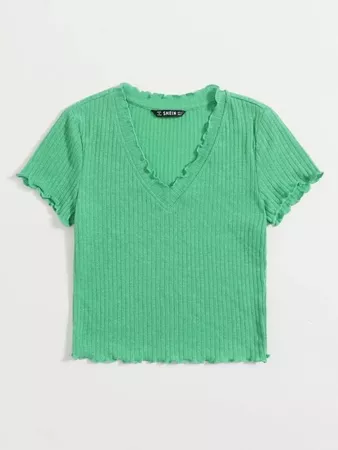V-neck Lettuce Trim Rib-knit Tee | SHEIN USA green
